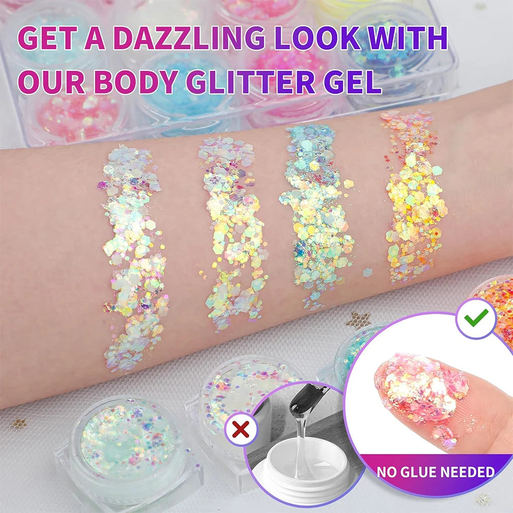 12 Colors Glow in The Dark Glitter Gel Makeup for Festivals and Parties UV Body and Face Glitter