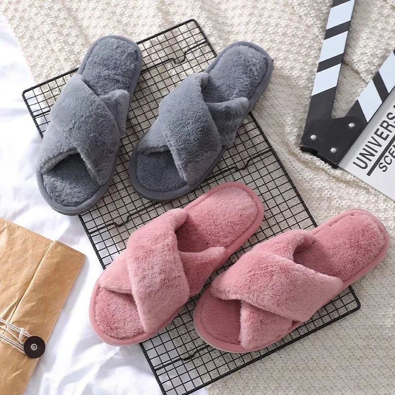 Winter Cross Imitation Rabbit Fur Slippers for Women