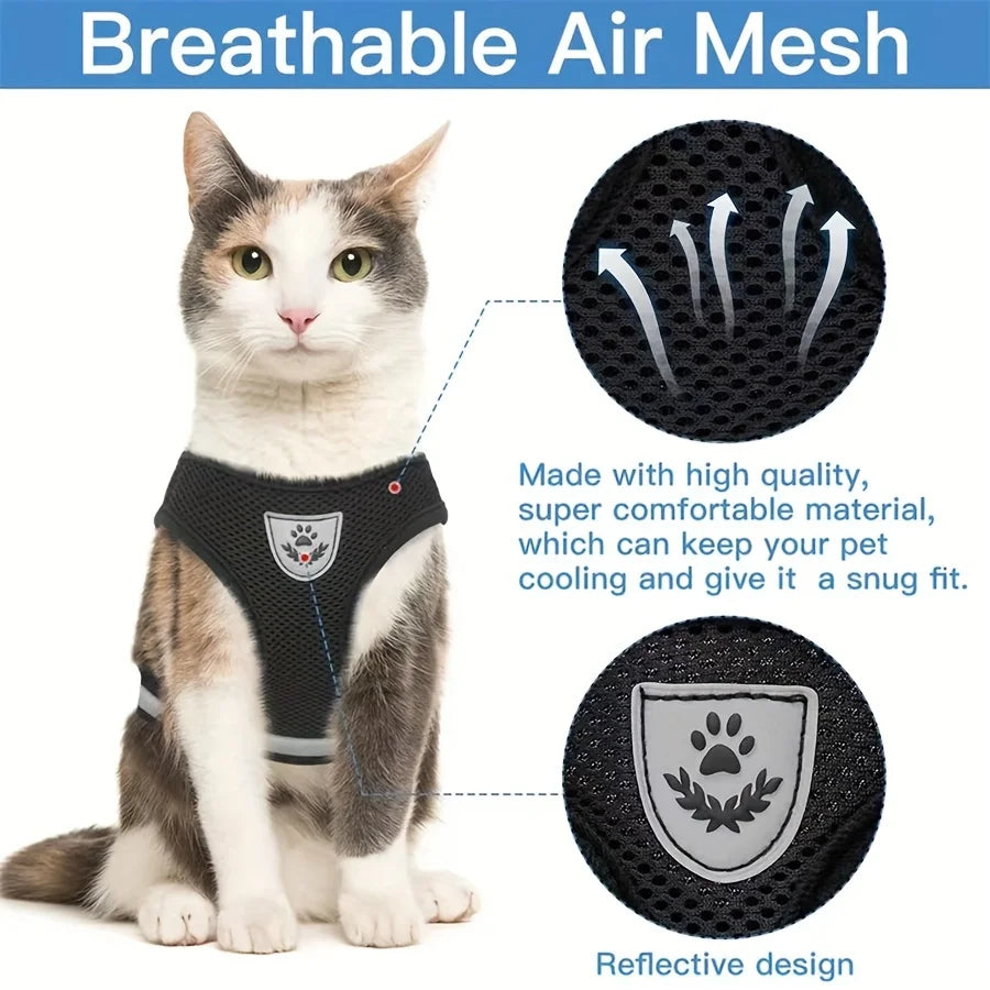 Cat Harness Adjustable, Escape-Proof Breathable Mesh with Reflective Vest 5-Foot Leash - Safe, Durable Outdoor Adventures