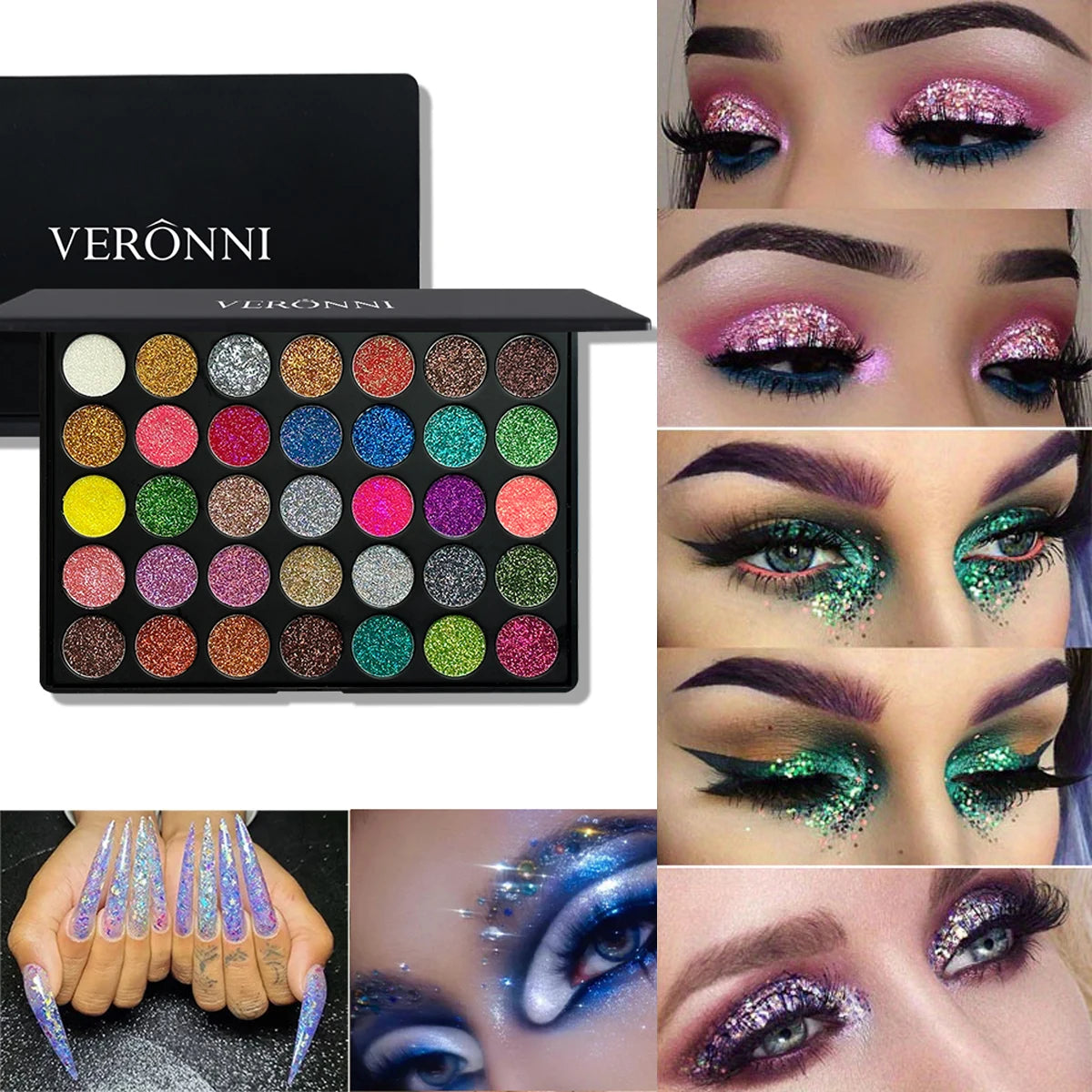 35 Color Diamond Sequin Eyeshadow Palette High Pigment Shimmer Glitter and Satin Long Lasting Waterproof Makeup