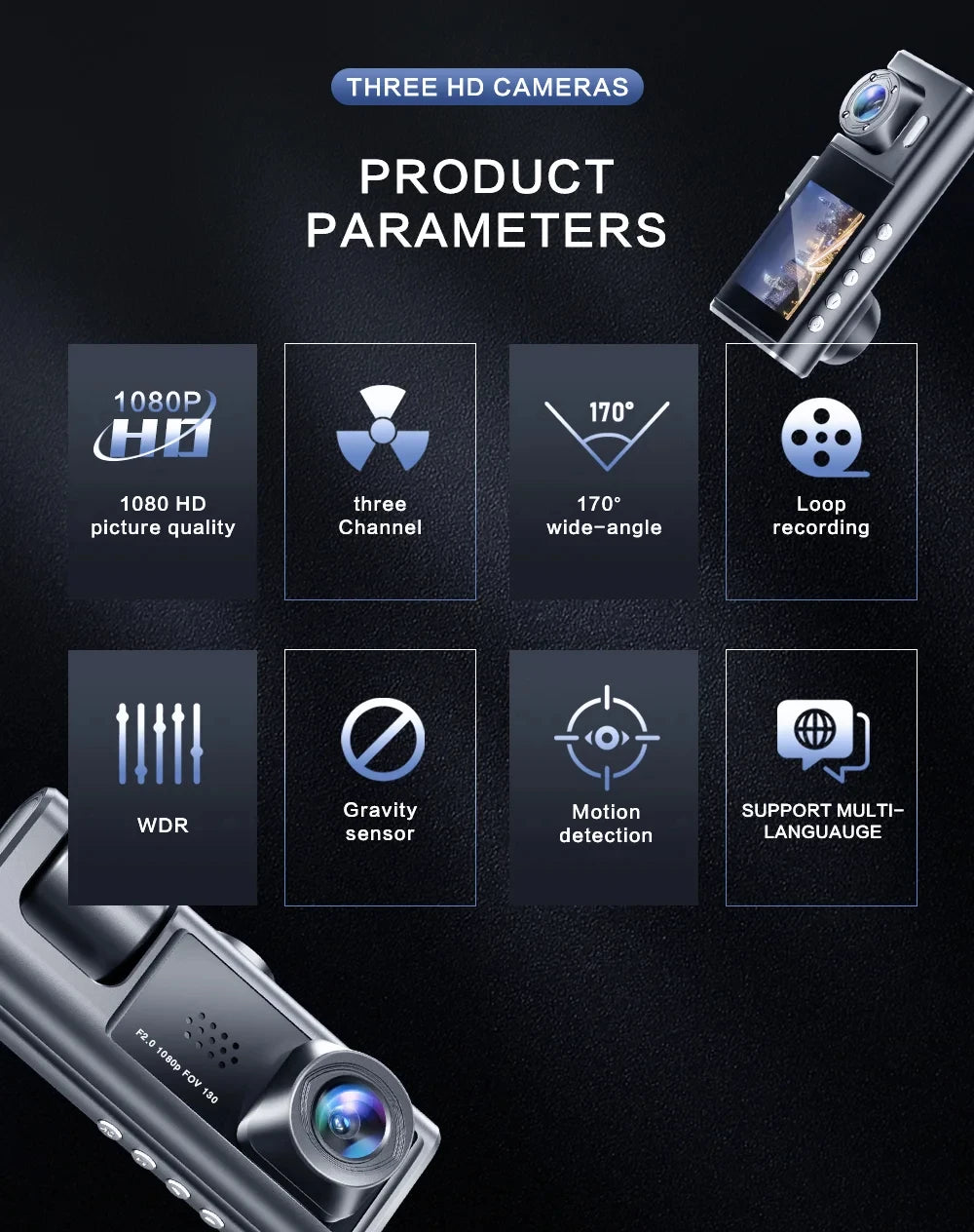 1080P Dash Cam with IR Night Vision and Loop Recording for 2/3 Channel Vehicle DVR