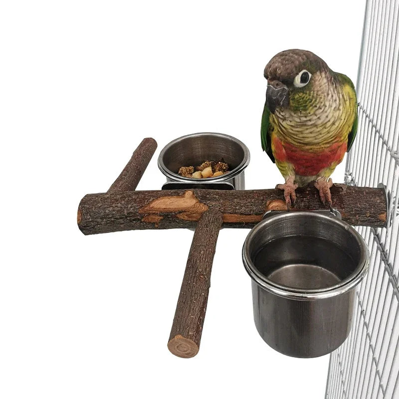Stainless Steel Birds Parrot Feeder Bowl Round Small Pet Natural Wood Stand Food Water Drinking Feeding Bowl Birds Supplies