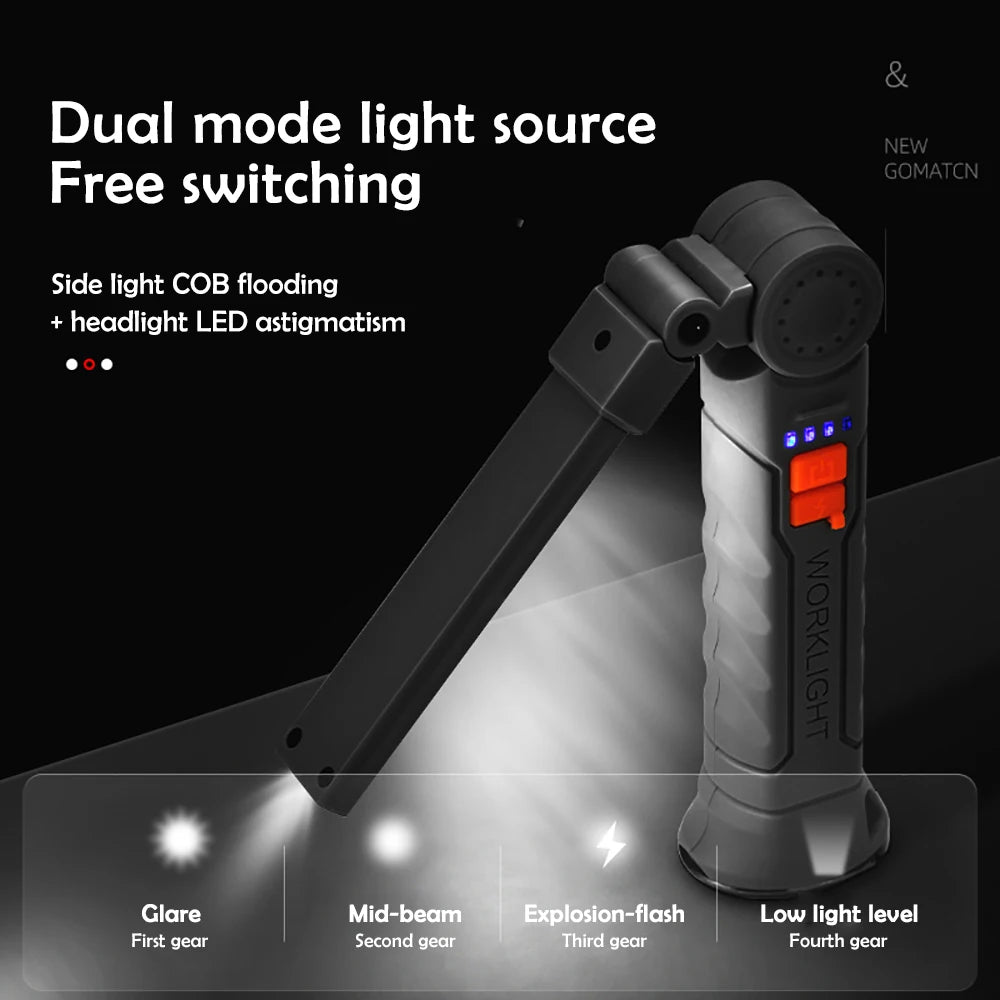 Rechargeable Work Lights LED Folding Flashlight Magnetic Base COB Light 360 Degree Rotate for Car Repair Home Garage Emergency Camping