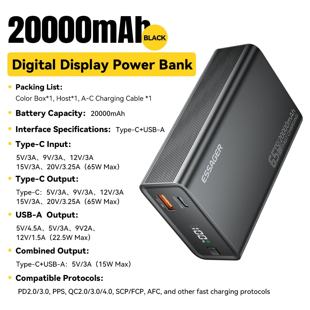Essager Power Bank 20000mAh Portable PD 65W Fast Charger