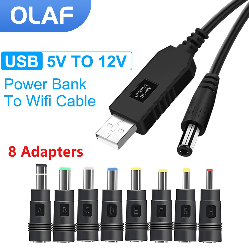 OLAF USB to DC Power Cable 5V to 12V Boost Converter with 8 Adapters for Wifi Router Mini Fan Speaker