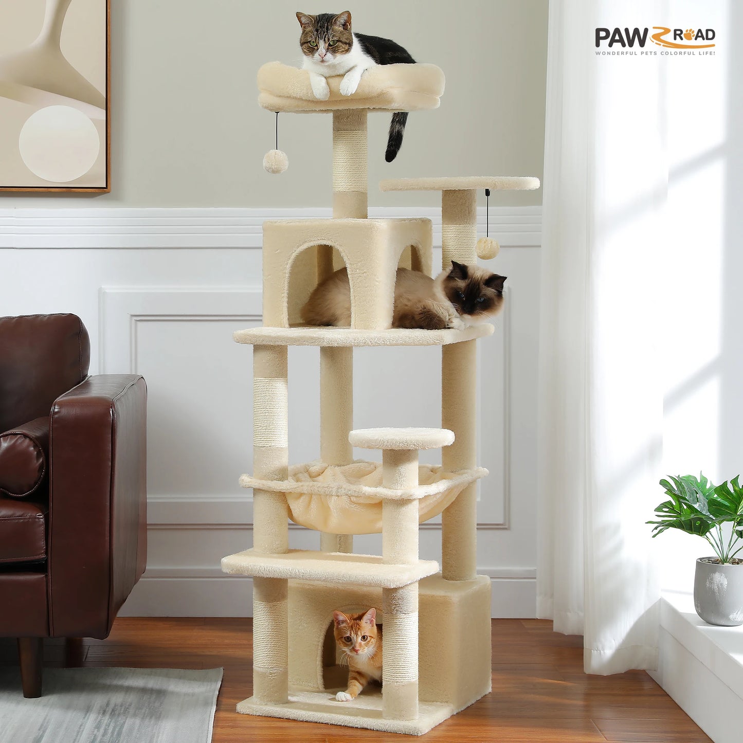 184cm Large Cat Tree and Tower for Indoor Cats With Scratching Posts and Spacious Hammocks