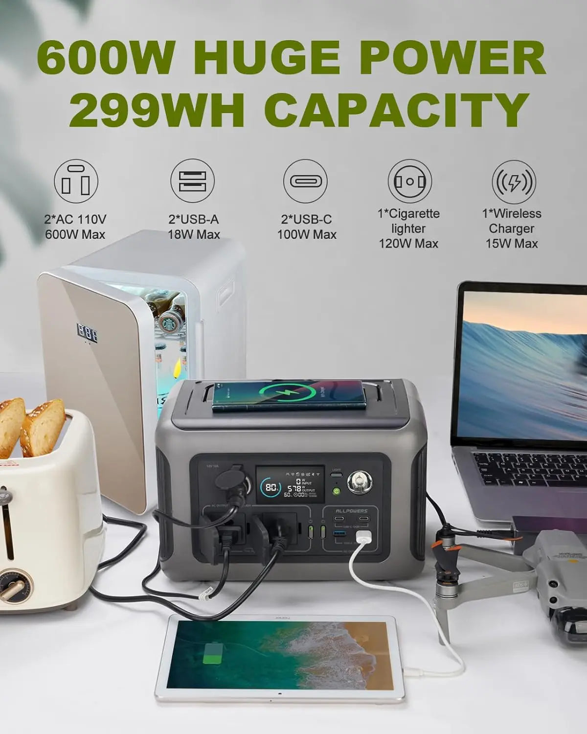 ALLPOWERS R600 Portable Power Station with 299Wh LiFePO4 Battery for Camping, RV Trips and Emergency Backup