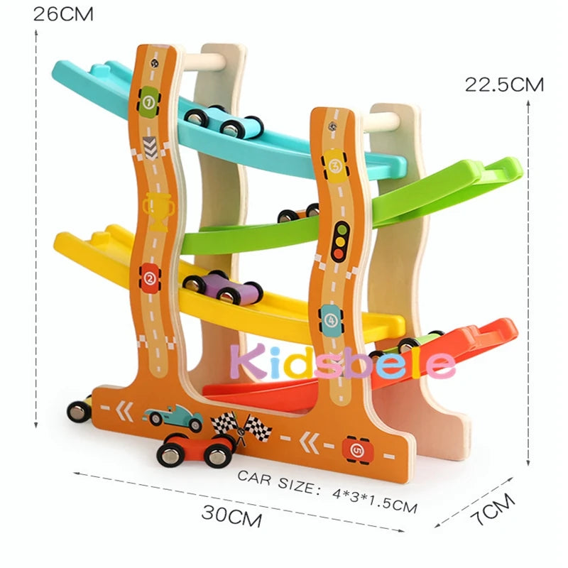 Kids Four-Layer Wooden Gliders Montessori Inertia Track Car Toy Set Animal and Traffic Themes Early Learning Birthday Gift