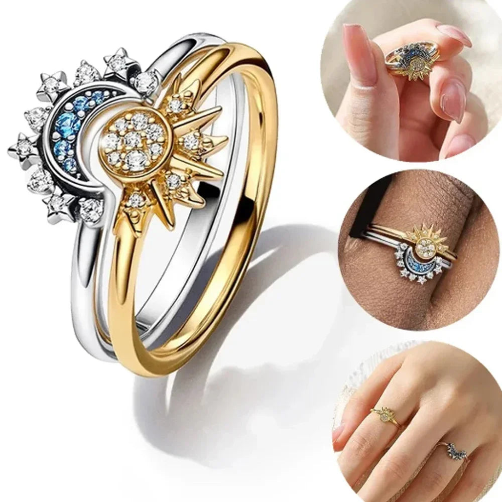 Original Sterling Silver 925 Ring Star Moon Rope Double Layer Gift