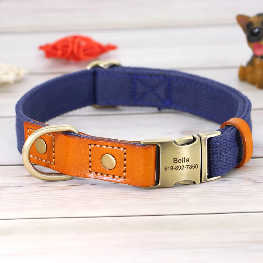 Nylon Custom Dog Collar and Leash Set with Personalized Genuine Leather Nameplate ID Tag for Puppies