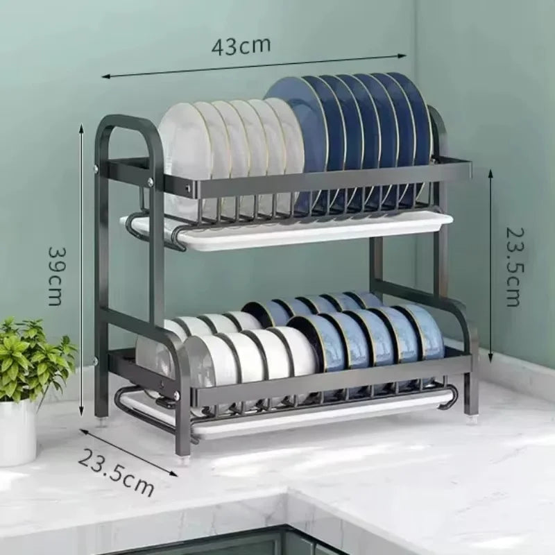 3-Tier Compact Dish Drying Rack with Drainboard Large Rust-Proof Metal Kitchen Storage Solution