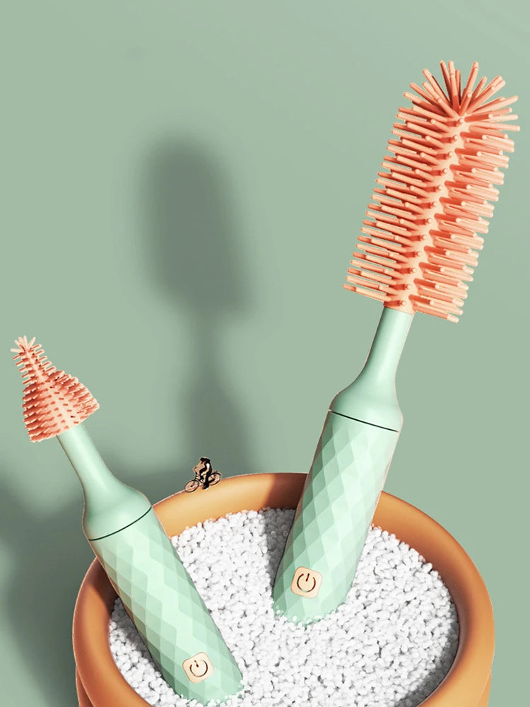 3 Pieces Electric Bottle Brush Set with 360 Degree Rotating Long Handle Waterproof Silicone Cleaning Brushes for Straws and Pacifiers
