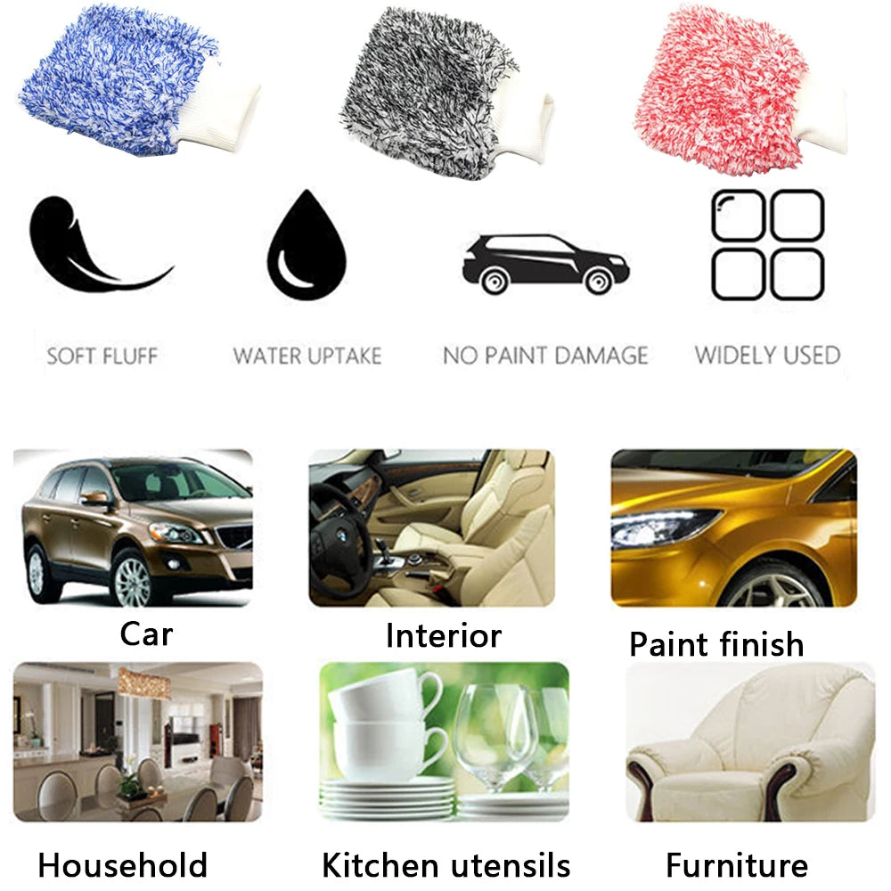 Car Wash Brush Microfiber Wheel Cleaning Gloves Non-Slip Handle