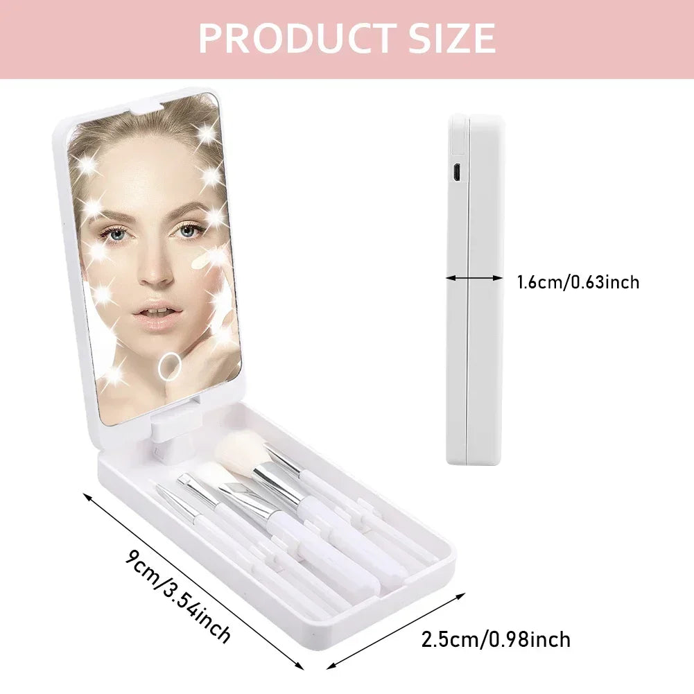 Lighted Rotatable Makeup Mirror with 5 Essential Makeup Brushes Portable Beauty Accessory for Travel