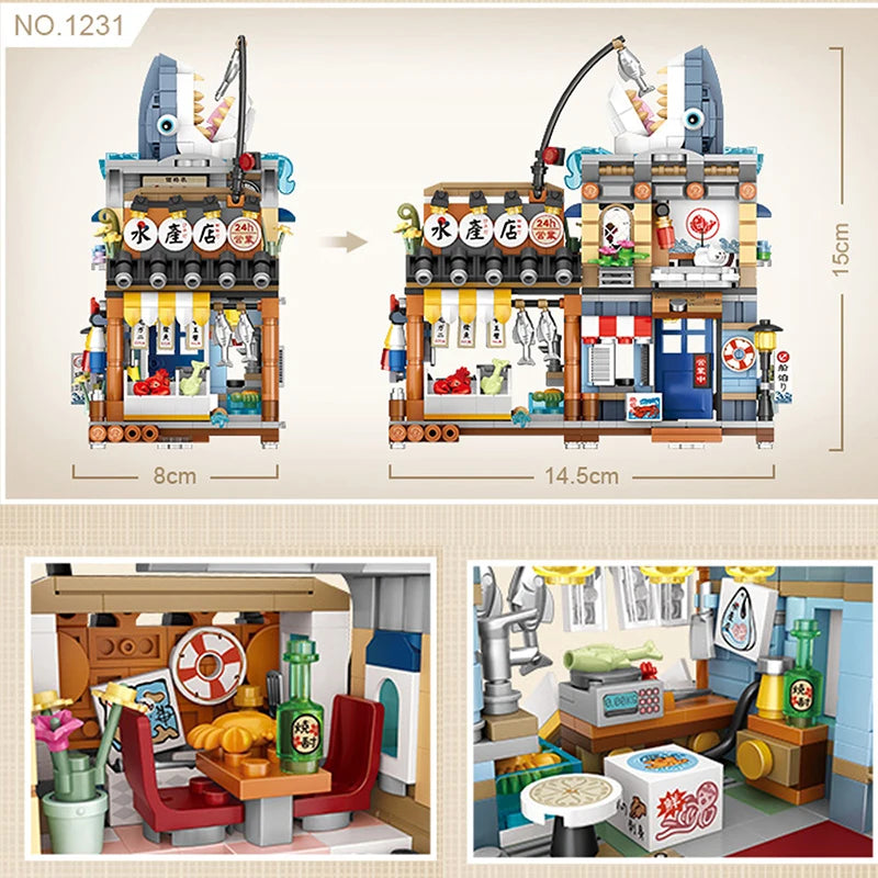 Street View Mini Building Blocks Gift Set – Izakaya Shaved Ice Shop, Takoyaki Shop, Coffee Shop and Panda Tea House