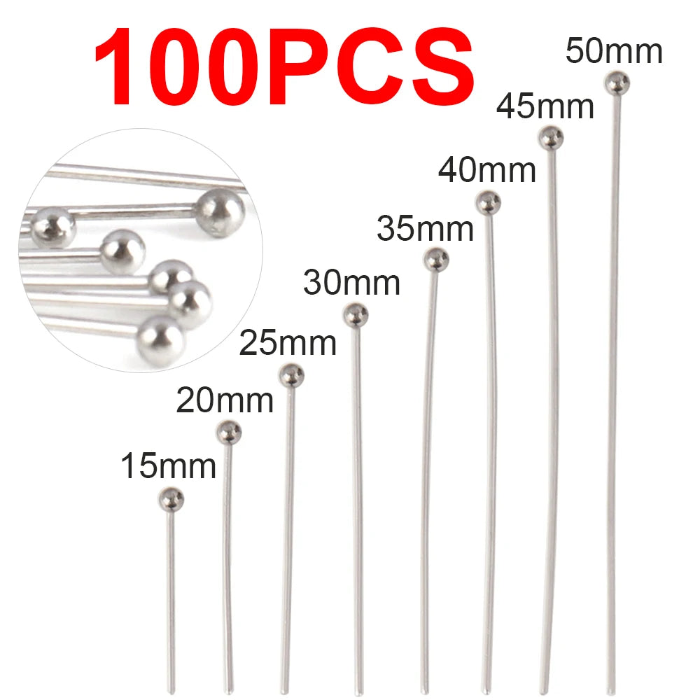 100pcs 15-50MM Stainless Steel Flat Head Eye Pins for Jewelry Making