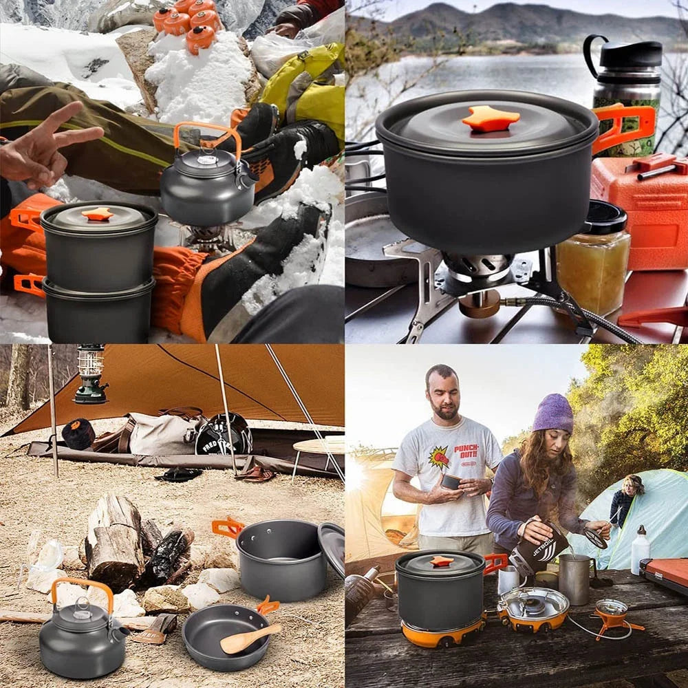 Camping Cookware Set for 2 to 3 People with Non-Stick Pots and Teapot Kit