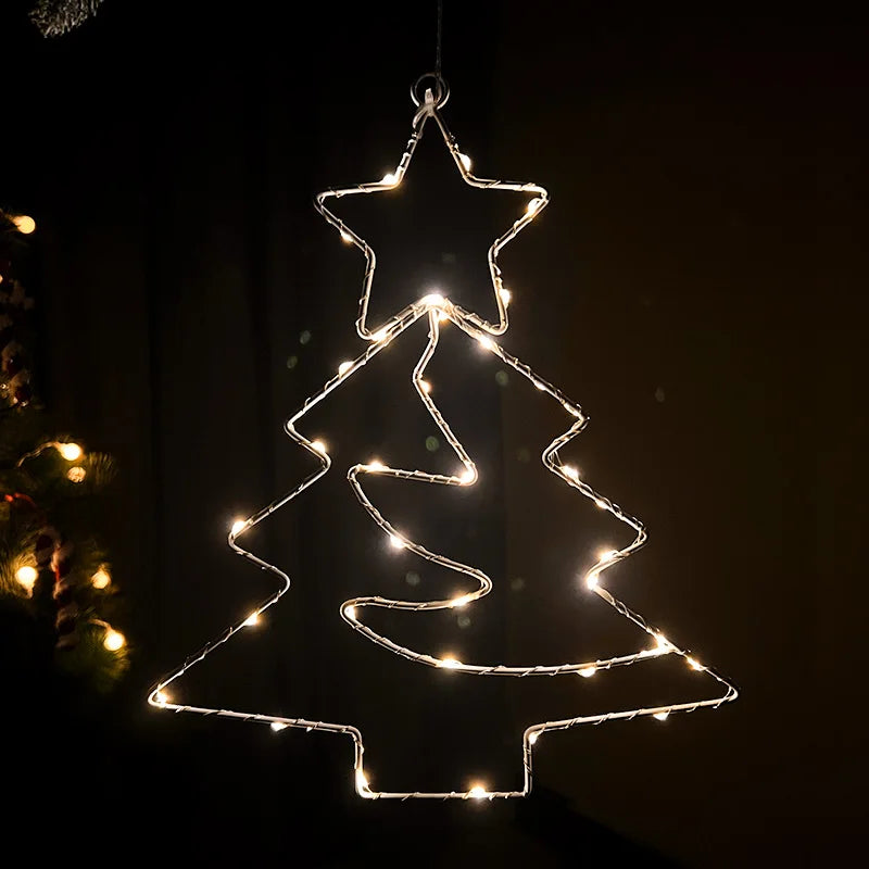 Xmas Tree Iron Frame LED Light String Window Hanging Ornament for 2024 Christmas and 2025 New Year Home Decoration