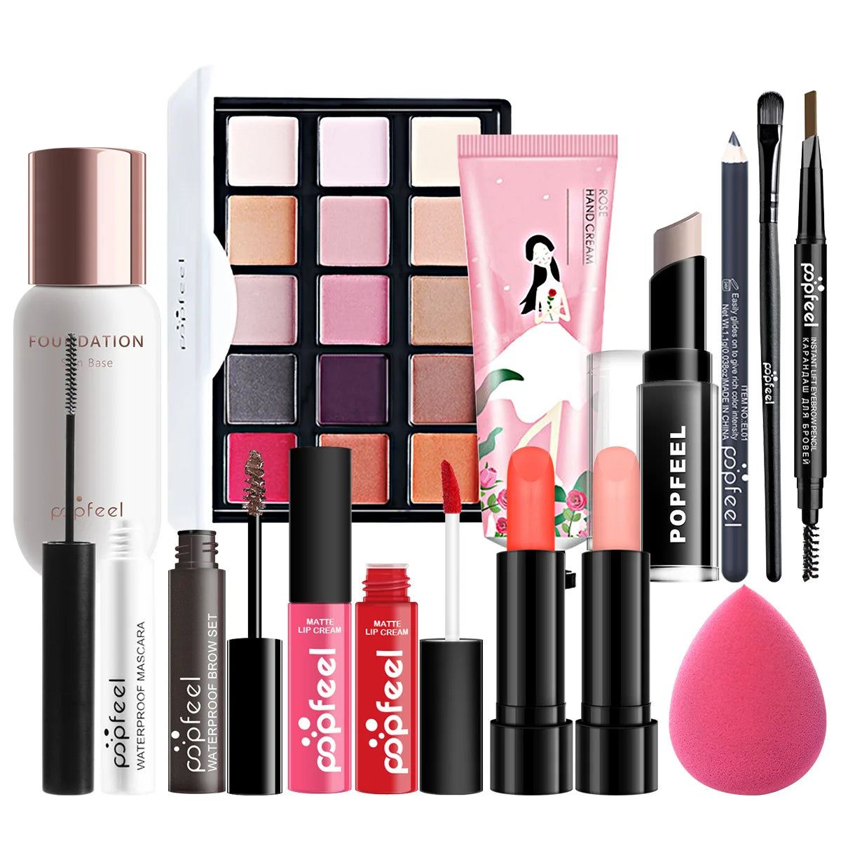 Popfeel All in One Makeup Kit Gift Set with Eyeshadow Palette Foundation Lip Gloss Blush Brushes and Eyeliner Essential Beauty Collection