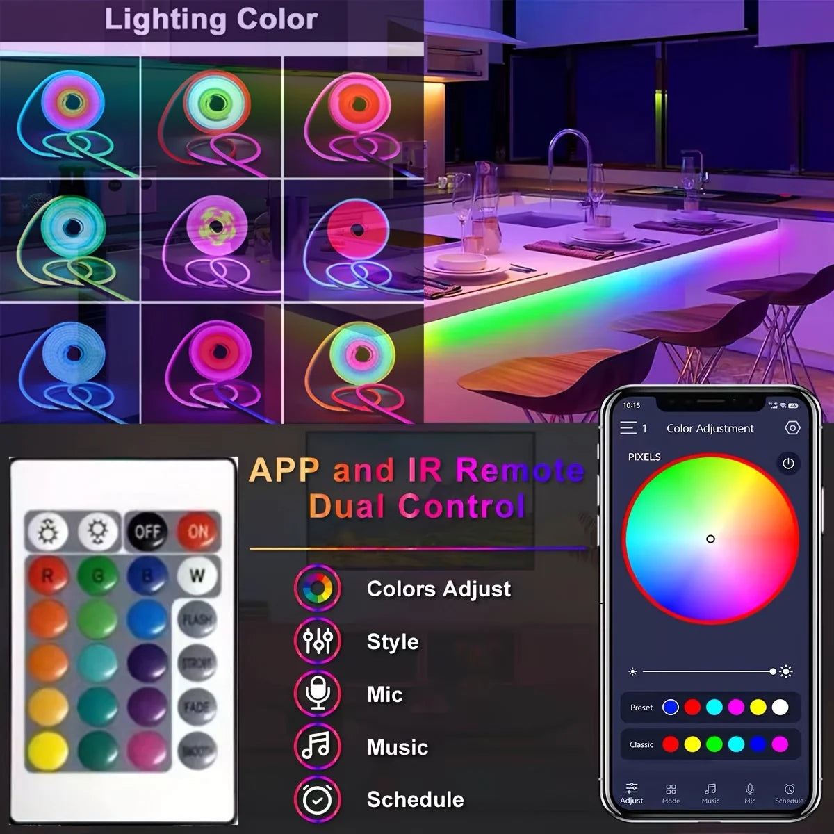 Smart LED Strip Lights RGB Neon Sign Tape USB Bluetooth App Remote Control Flexible Backlight Gaming Room Decor
