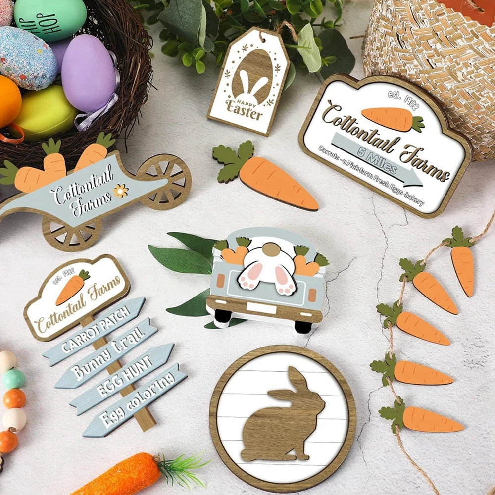 Easter Bunny Carrots Wooden Tiered Tray Decorations Set for Happy Easter Day Table Centerpiece