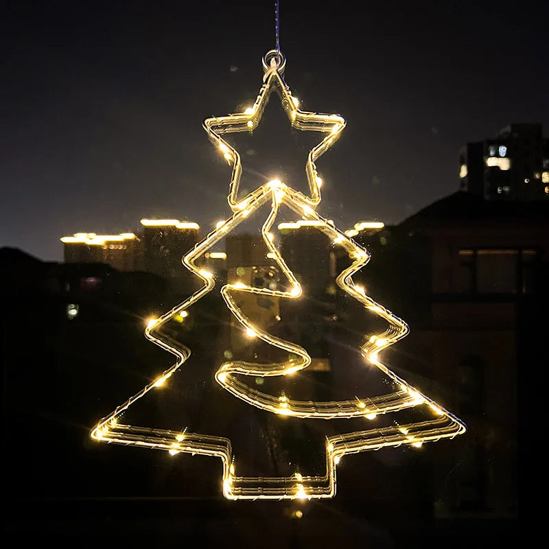 Xmas Tree Iron Frame LED Light String Window Hanging Ornament for 2024 Christmas and 2025 New Year Home Decoration