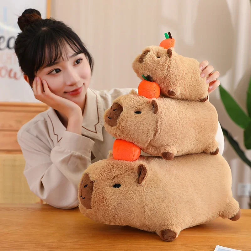 Strawberry Hat Capybara Plush Toy with Turtle Backpack Pendant