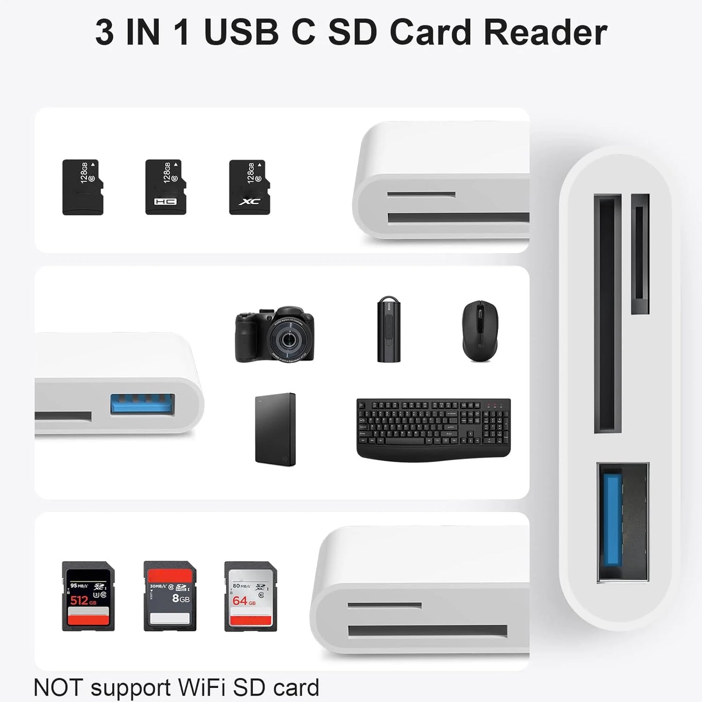 USB C To SD/TF Memory Card Reader, 3-in-1 Fast Data Transfer for iPhone 15 Pro, iPad, Mac, Android & PC