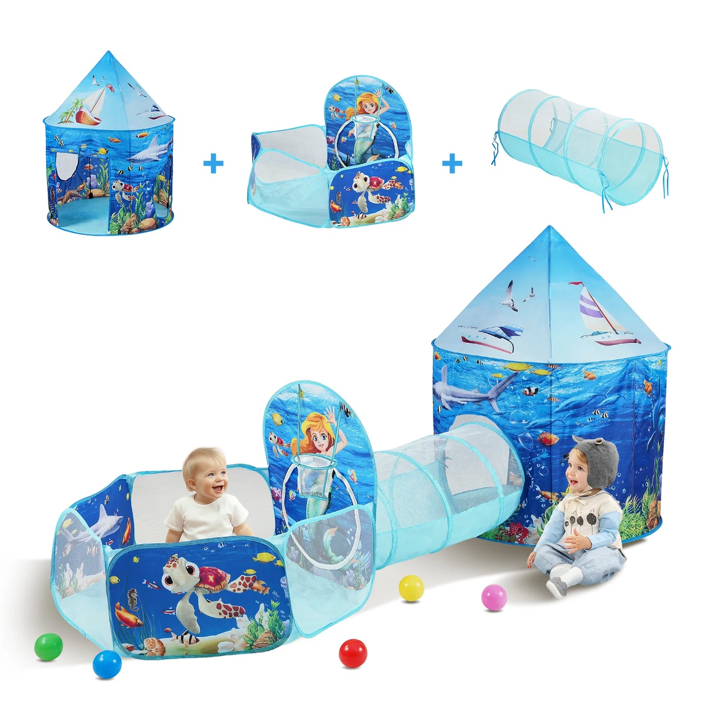 VEVOR 3 in 1 Kids Play Tent with Tunnel and Basketball Hoop