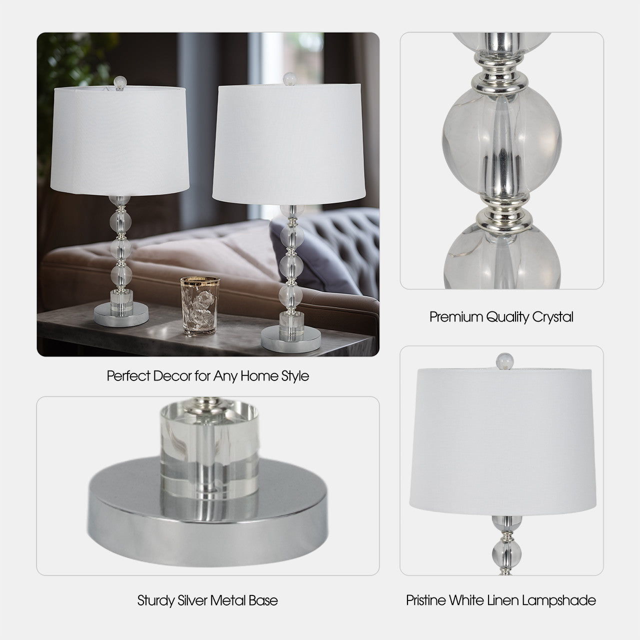 Sagebrook Home 22" Crystal Table Lamp (2-Pieces) - Silver
