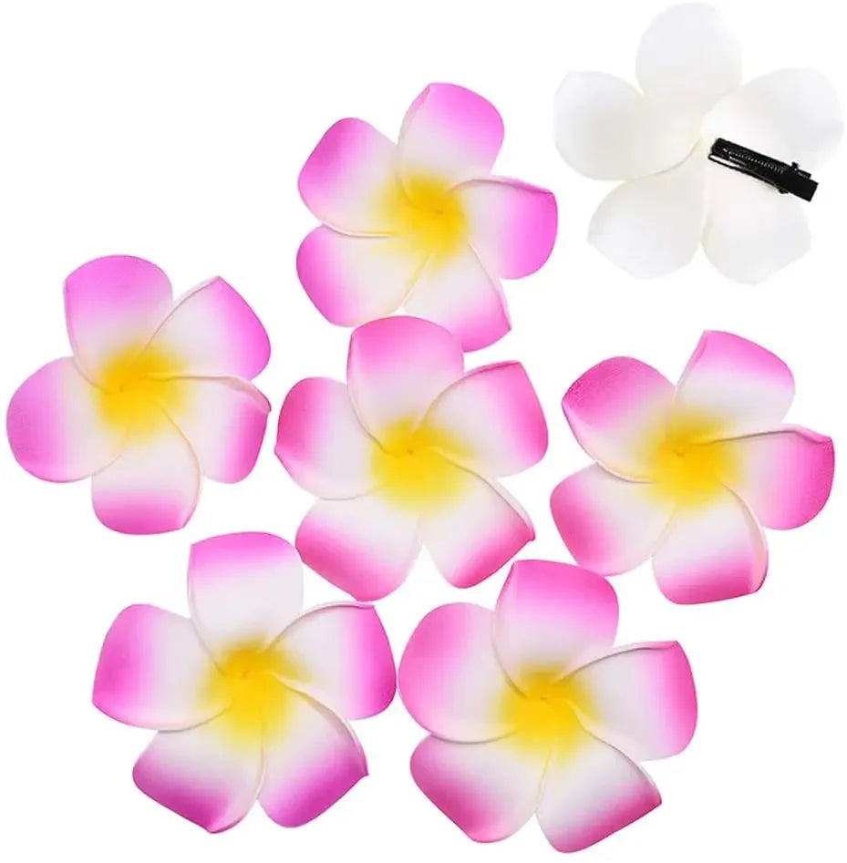 50Pcs 2.4 Inch White Foam Hawaiian Frangipani Artificial Plumeria Flower Hair Clips for Tropical Home Decor and Beach Party Decorations