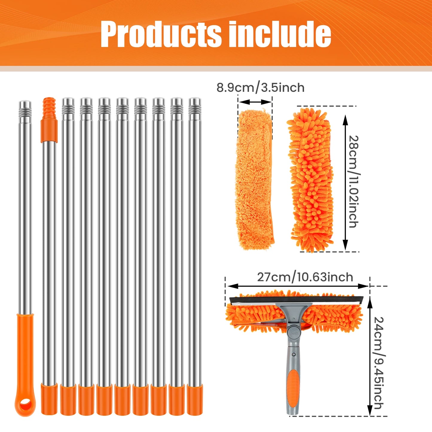 Extended Window Cleaning Kit with 2 in 1 Double Sided Glass Squeegee and Duster Mop 180 Degree Swivel Design for Effortless High Reach Cleaning