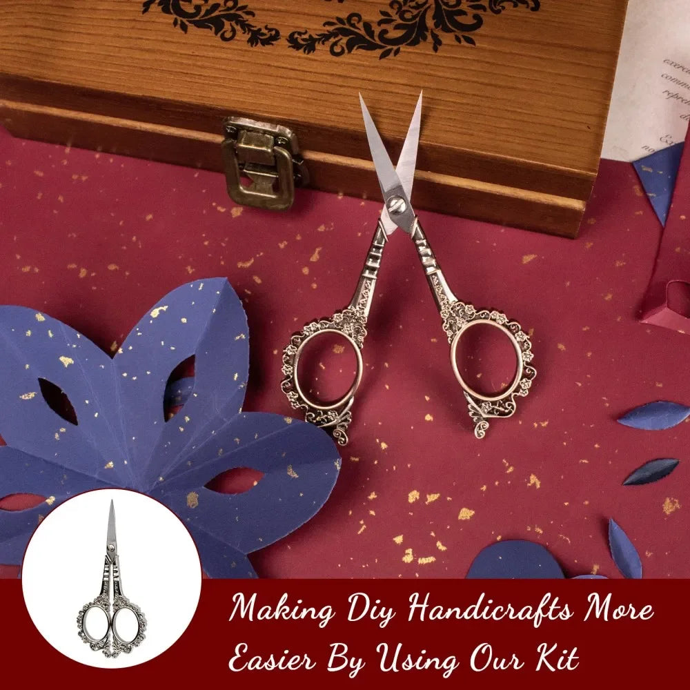 Vintage Sewing Kit Complete European Style Antique Embroidery Scissors Set with Needles and Craft Supplies for DIY Projects