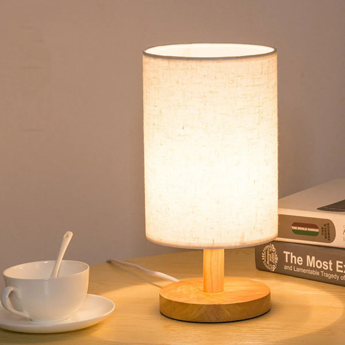 USB Wooden Bedside Lamp with Cylinder Shade Night Light for Bedroom Home Decor