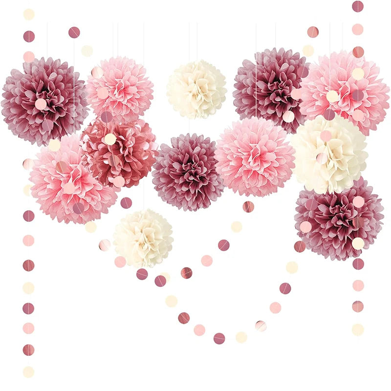 Dusty Rose Light Pink Rose Gold Paper Pom Pom Set Decorations