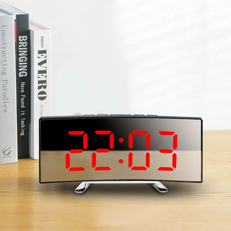 Creative Curved Electronic Clock LED Large Screen Mirror Alarm Clock for Students