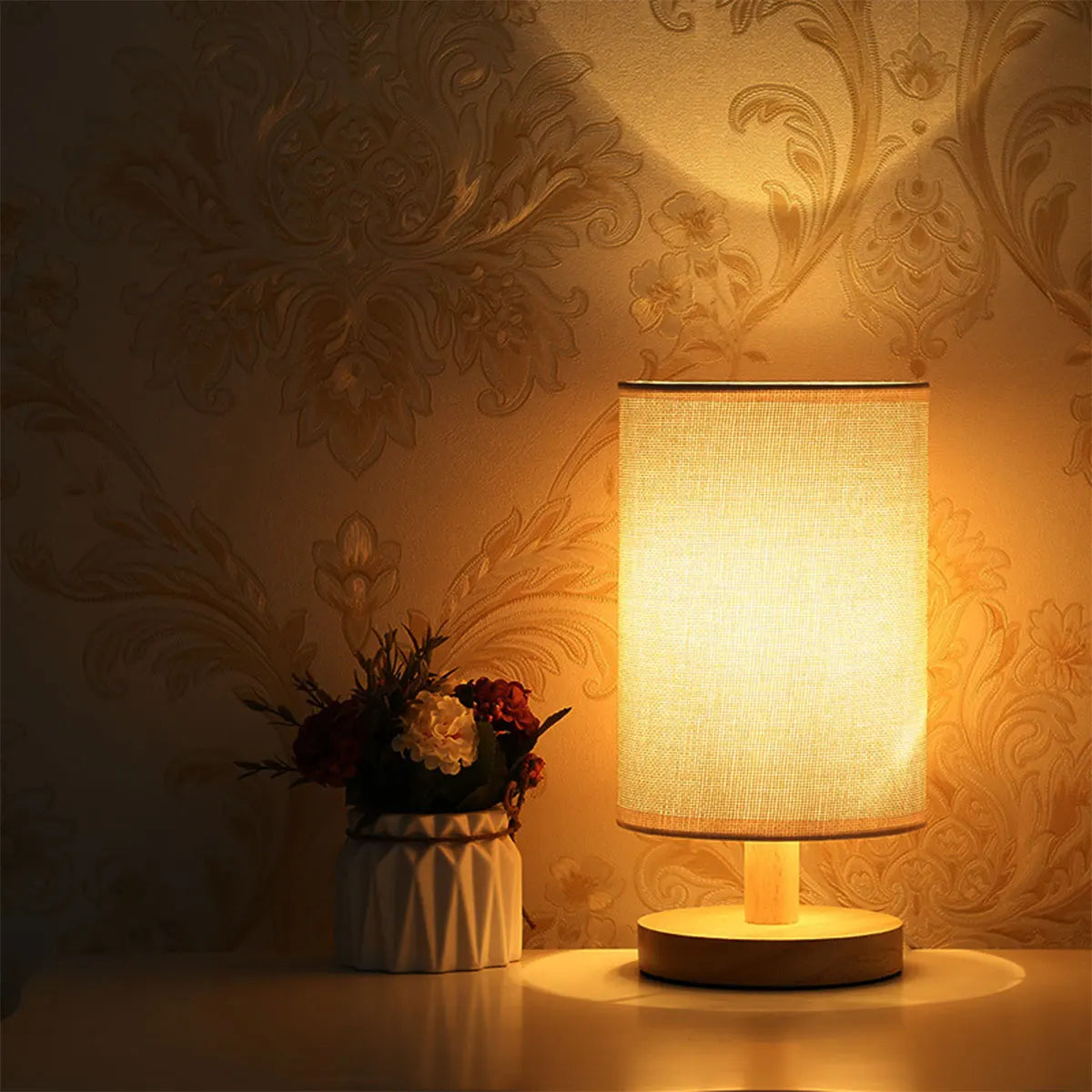 USB Wooden Bedside Lamp with Cylinder Shade Night Light for Bedroom Home Decor
