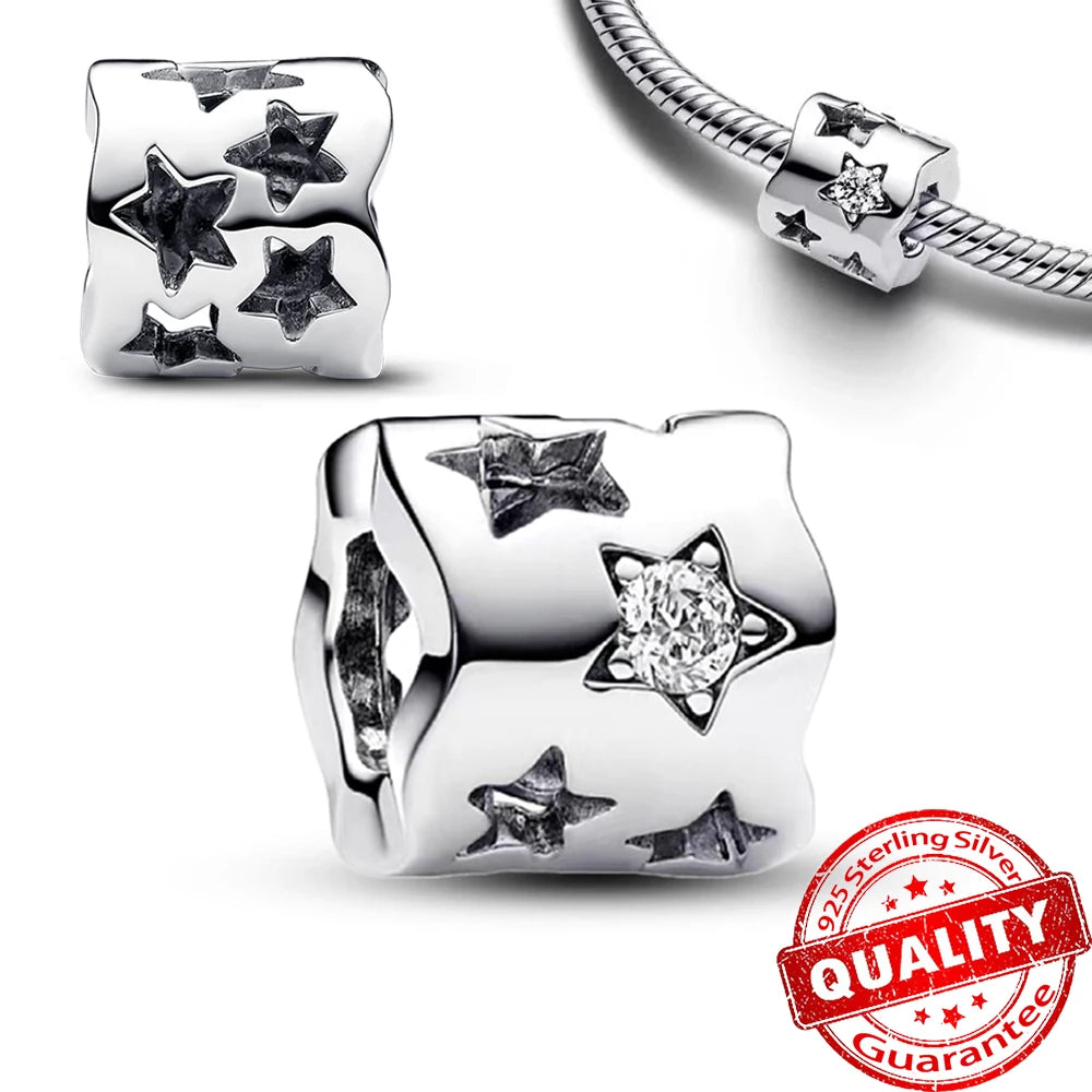 Authentic 925 Sterling Silver Charm Sparkling Star Moon Sun Pendant Jewelry Gift
