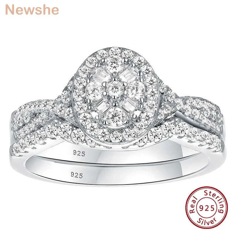 Newshe 925 Sterling Silver Wedding Rings Set Women Oval Halo Cubic Zircon Engagement Jewelry Gift