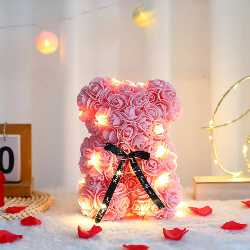 25cm Artificial Rose Teddy Bear Gift Box for Romantic Occasions Valentine's Day Anniversary Wedding Party Supplies