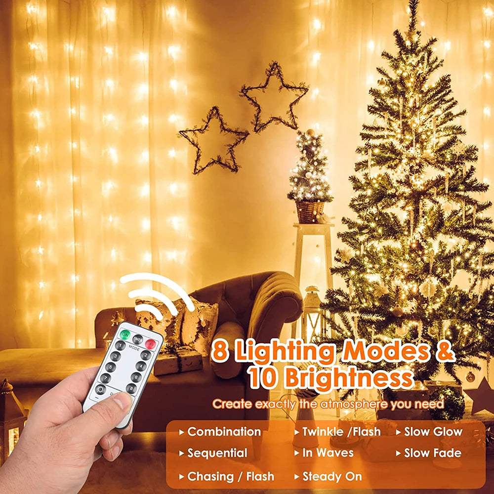 LED Curtain Garland Lights 8 Modes USB Power Remote Control Waterproof Fairy Light Festive Lighting Wedding Christmas Decor