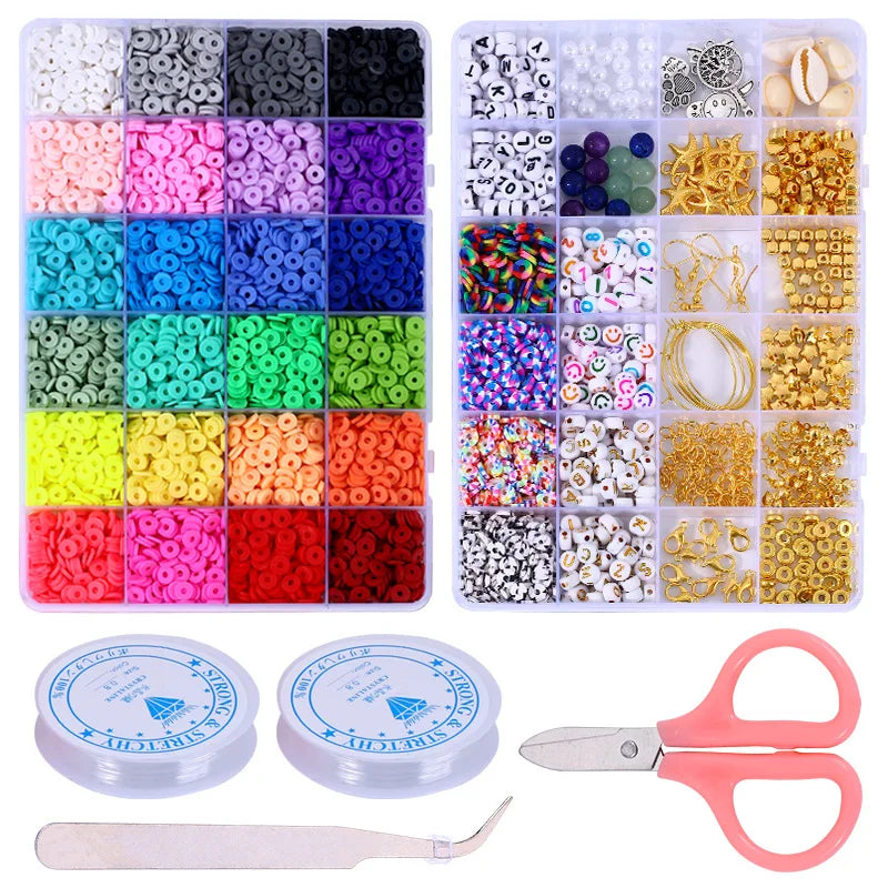 24 Rainbow Color Clay Beads Bracelet Making Kit with 2 Boxes for DIY Jewelry Crafting and Handmade Accessories
