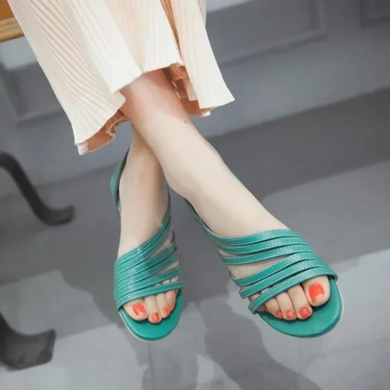 New 32-46 Summer Sandalia Women Leather Low Wedge Sandals