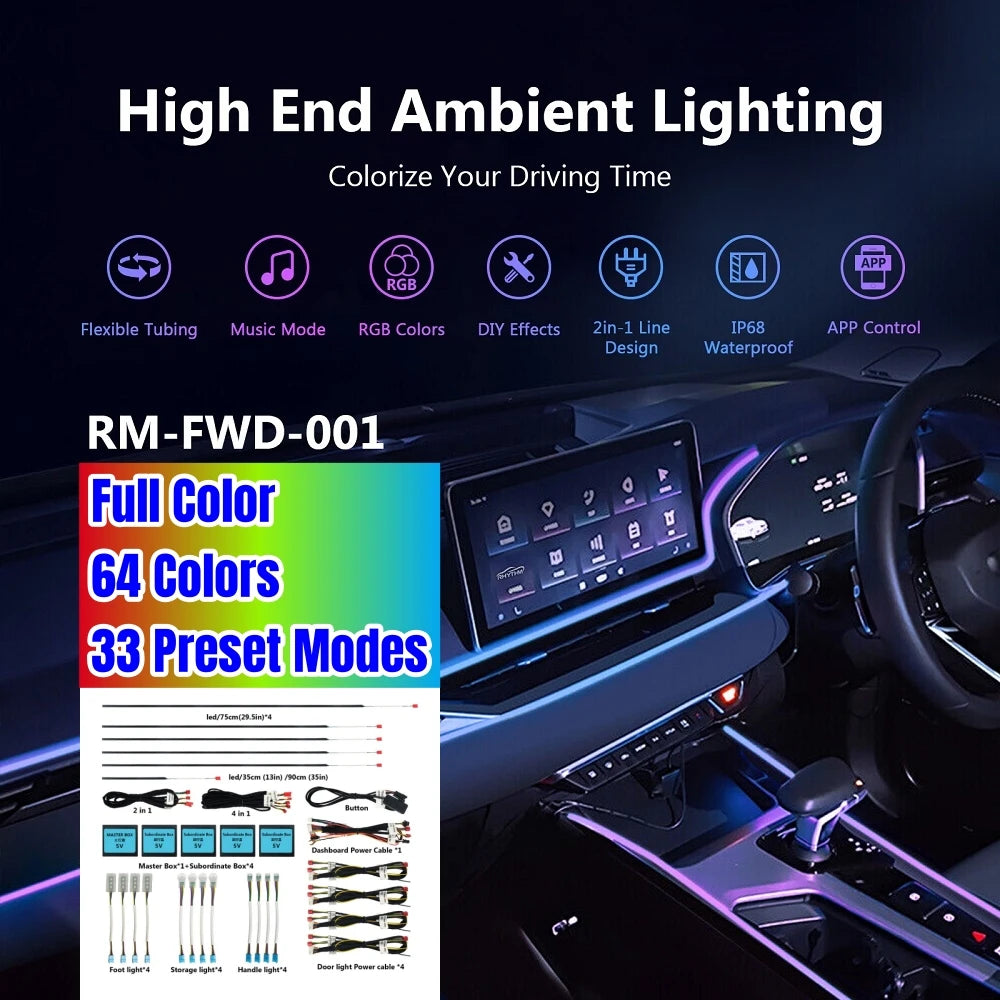 Universal Car Ambient Light Kit With Wireless APP Control 256 RGB Dream Color LED Neon Footlight Accessories
