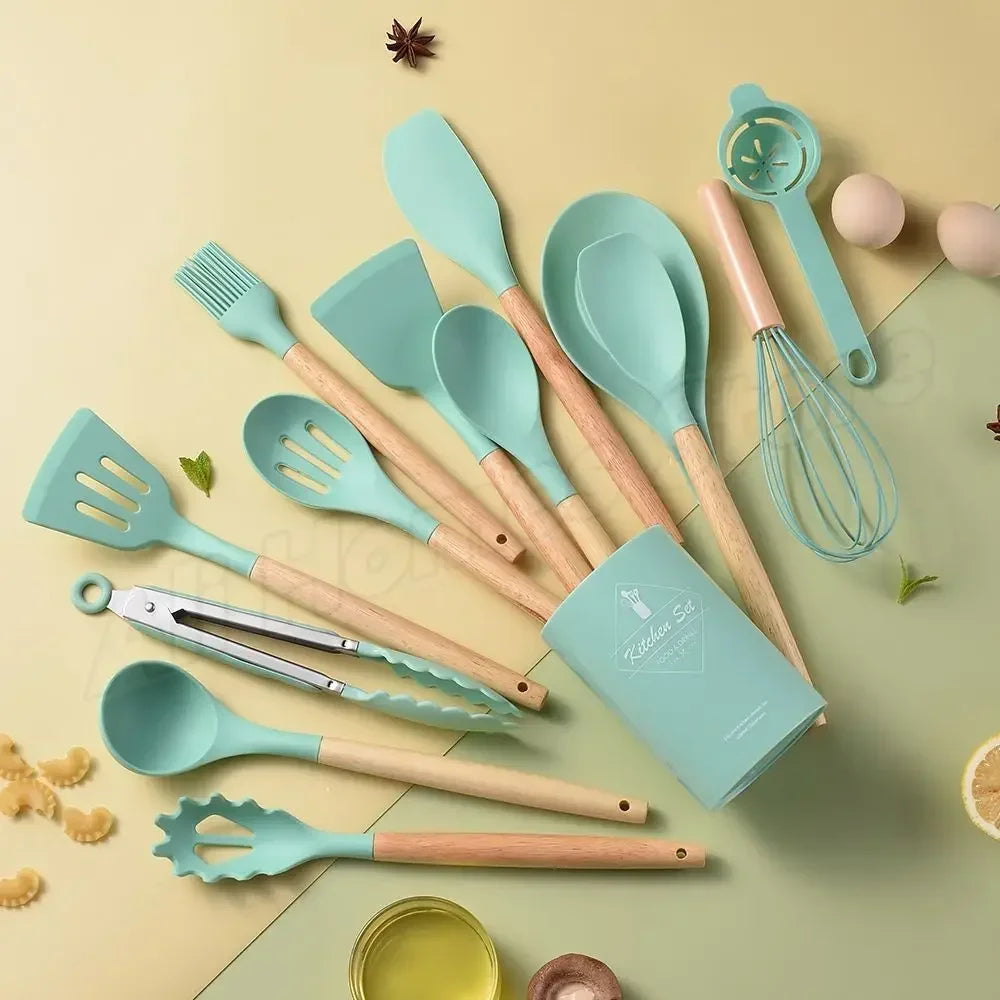Silicone Kitchen Utensil Set 12 Pieces Food Grade Cooking Tools Turner Spatula Measuring Spoon Eco-Friendly Cookware