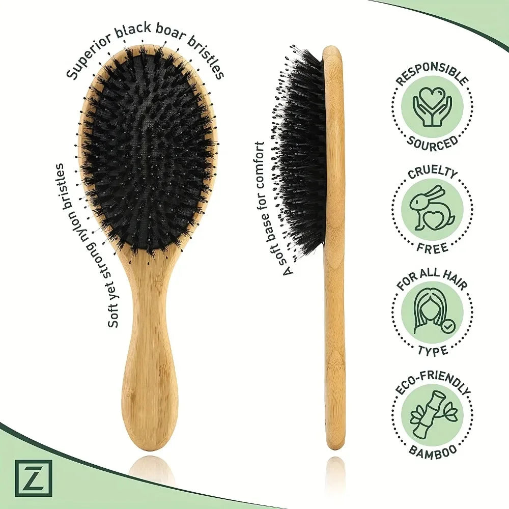 Natural Boar Bristle Hair Brush with Bamboo Handle and Scalp Massage