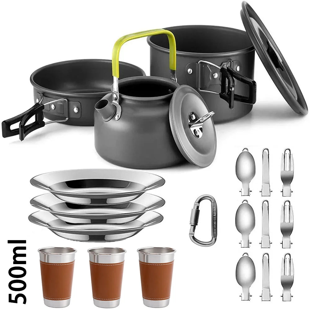 Camping Cookware Set for 2 to 3 People with Non-Stick Pots and Teapot Kit