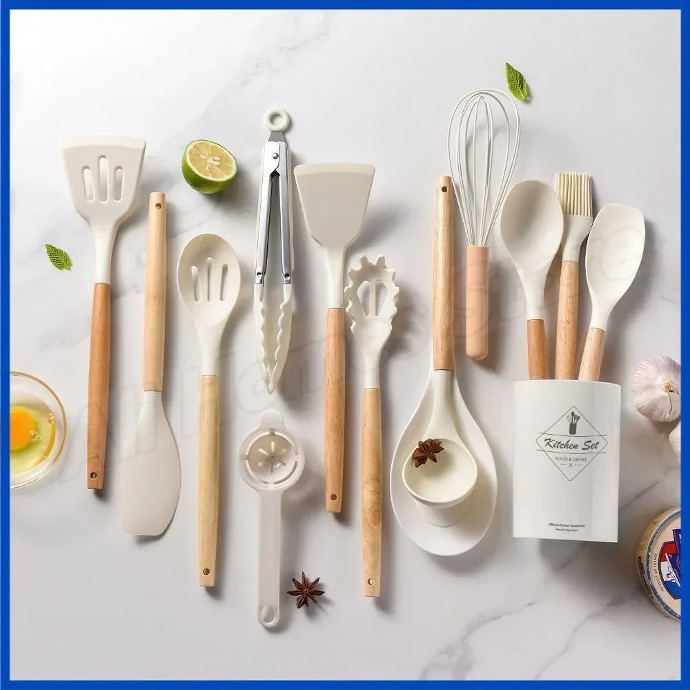 Silicone Kitchen Utensil Set 12 Pieces Food Grade Cooking Tools Turner Spatula Measuring Spoon Eco-Friendly Cookware