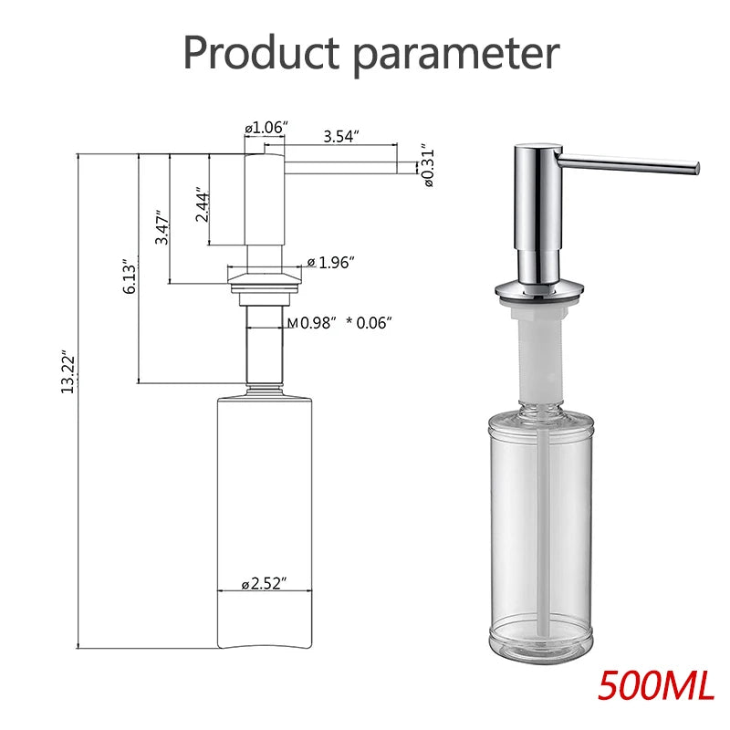 500ml Built-in Pump Kitchen Liquid Soap Dispenser Brass Brushed Nickel Elegant Design for Sink Counter Black Hand Pressure