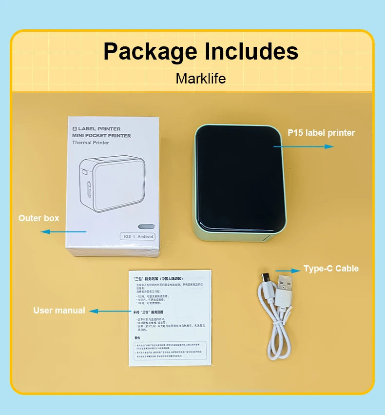 Marklife P15 Bluetooth Thermal Label Printer Portable Inkless Label Maker for Home and Office Use